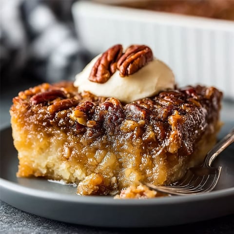 A slice of pecan pie with a dollop of whipped cream on top.