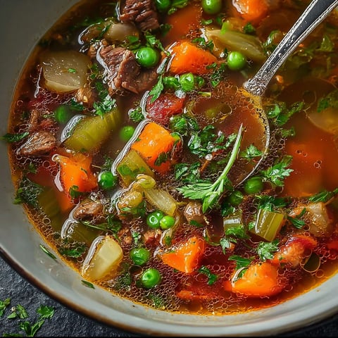 A bowl of hearty beef and vegetable soup.