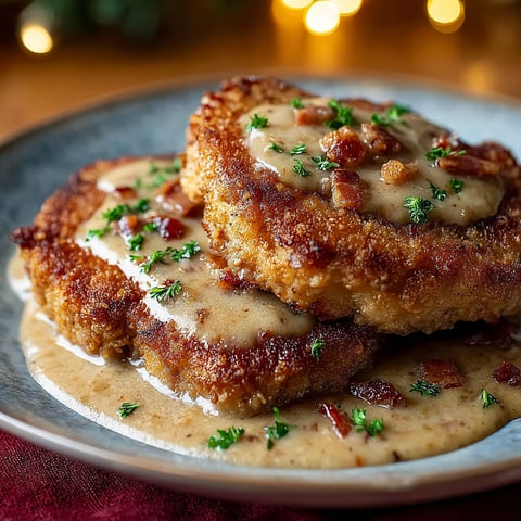 A plate of country fried pork chops with bacon gravy.