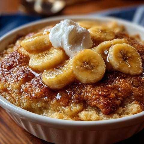 A bowl of banana cobbler with whipped cream on top.