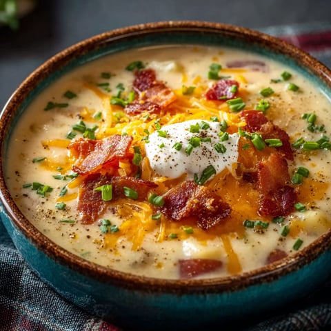 A bowl of soup with bacon and cheese.