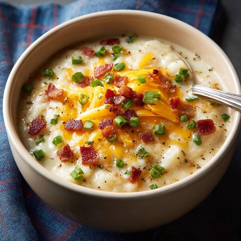 A bowl of soup with bacon and cheese.