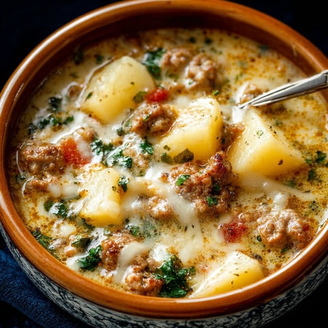 A bowl of soup with meat and potatoes.