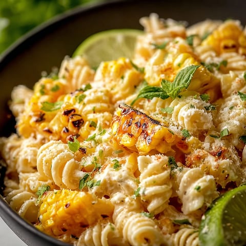 A bowl of creamy street corn pasta salad.