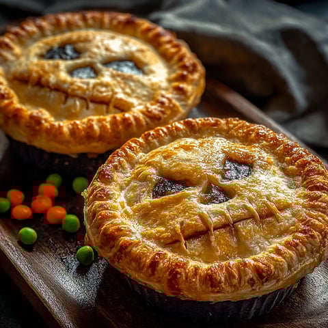 Two pies with a creepy face on them.