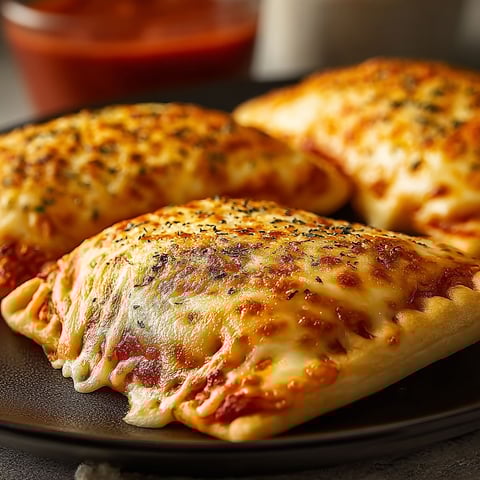 Four cheesy pizza pockets on a plate.