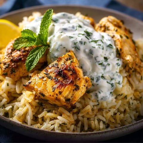 A plate of rice with meat and sauce.