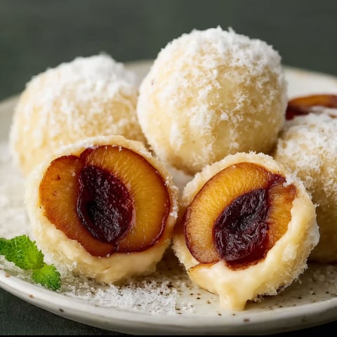A plate of plum dumplings with sugar on top.