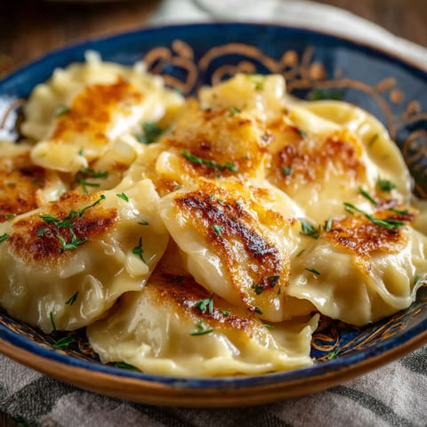 A plate of pierogi with cheese and herbs.
