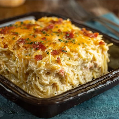 A creamy southern spaghetti bake in a black plastic container.