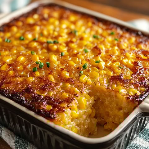 A dish of corn casserole with a honey glaze.