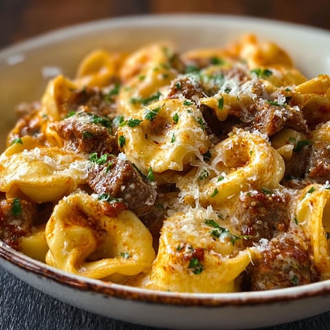 A bowl of pasta with meat and cheese.