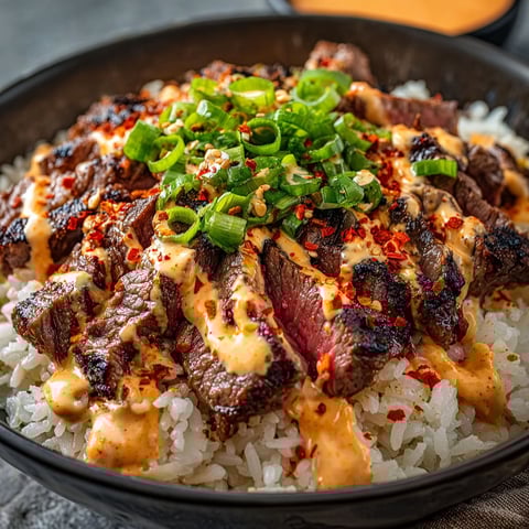 A bowl of meat and rice with a spicy cream sauce.