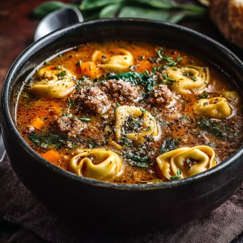 A bowl of soup with pasta and sausage.
