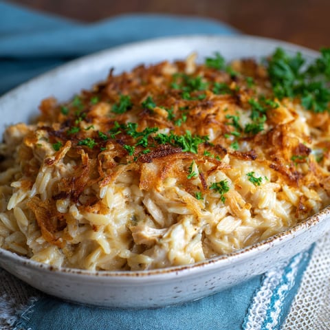 A delicious French Onion Chicken Orzo Casserole.