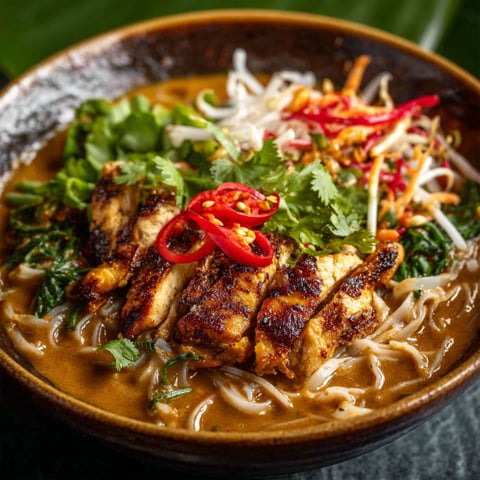 A bowl of satay chicken noodle soup.