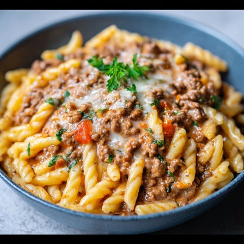 A bowl of pasta with meat sauce.