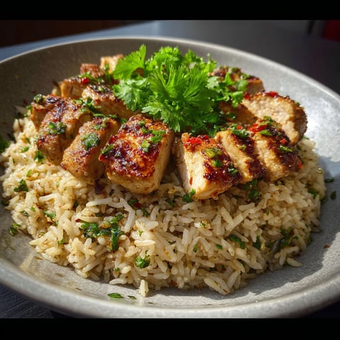 A plate of rice with chicken and herbs on top.