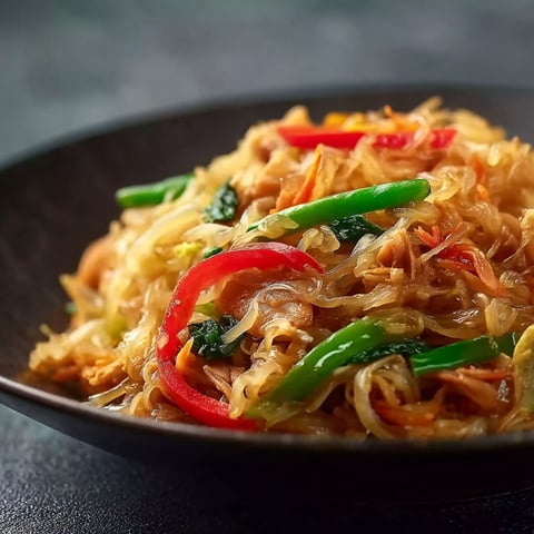 A plate of fried rice noodles with peppers and carrots.