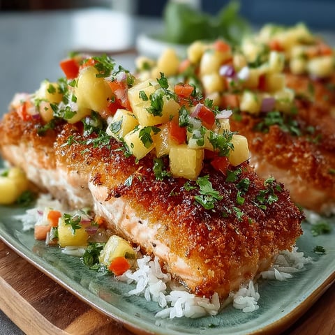 A plate of fish with pineapple salsa on top.