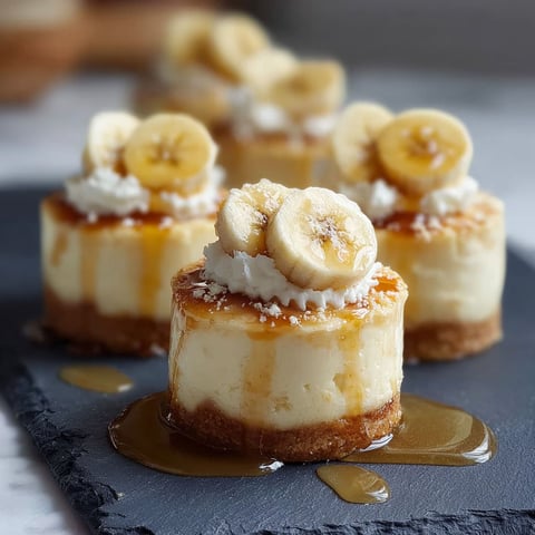 Three mini banana pudding cheesecakes on a black plate.