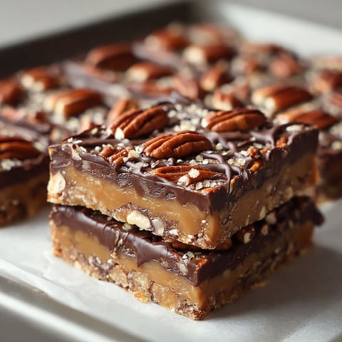 A tray of turtle bars with pecans and caramel.