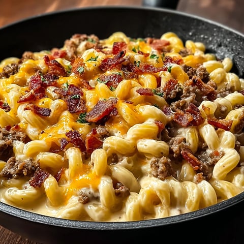 A loaded bacon cheeseburger alfredo pasta dish.