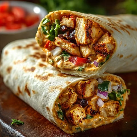 A burrito with chicken and vegetables.