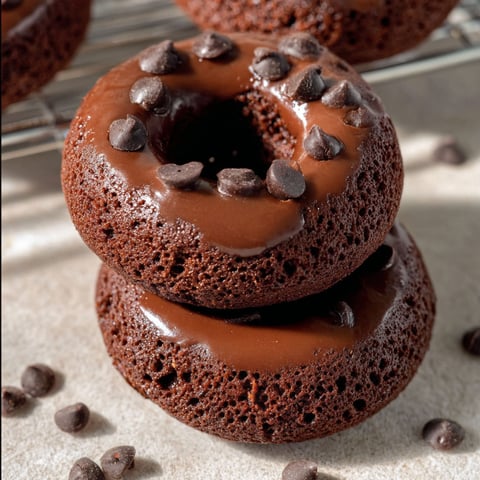 Three chocolate donuts with chocolate chips on top.