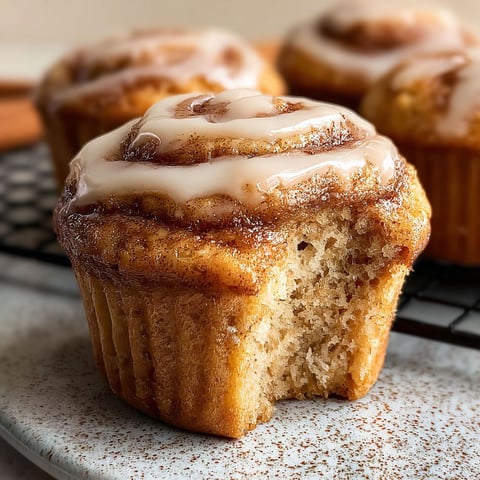 A cinnamon roll muffin with a bite taken out of it.