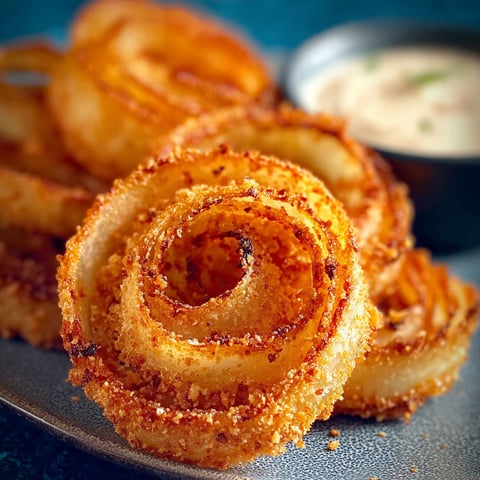 A plate of onion rings with a bowl of dipping sauce.