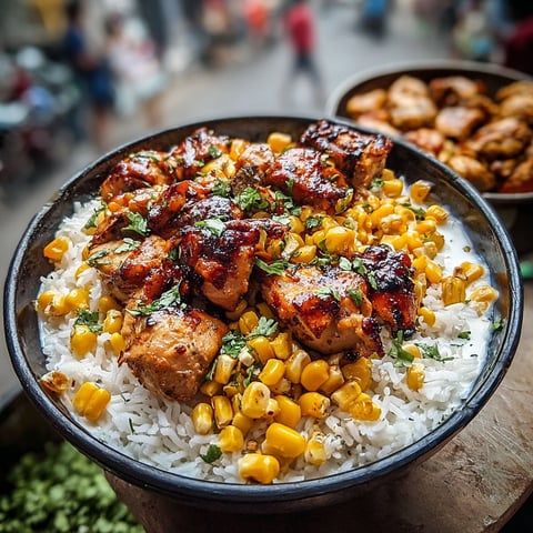 A bowl of rice and chicken with corn on top.