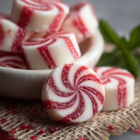 A bowl of red and white striped candy.