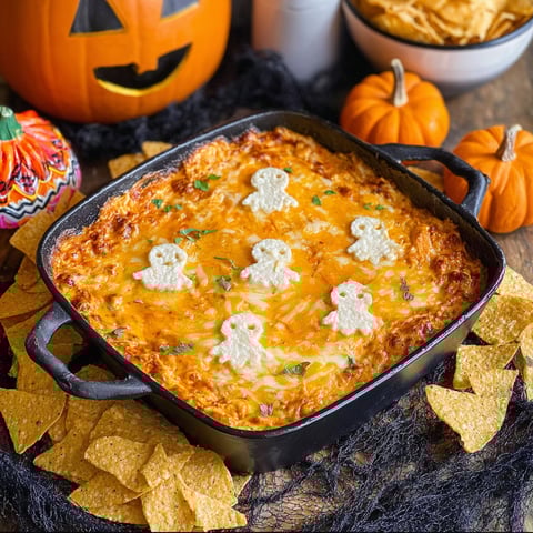 A black pan with a Halloween Buffalo Chicken Dip.
