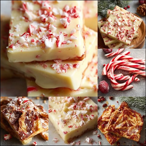 A collage of different desserts with red and white toppings.