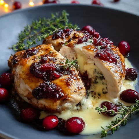 A plate of chicken with cranberry sauce and cheese.