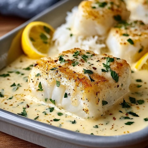 A pan of baked cod in coconut lemon cream sauce.