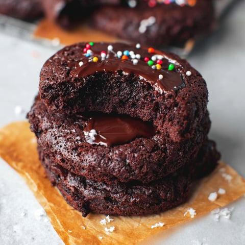 A chocolate covered cookie with chocolate drizzle.
