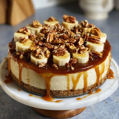 A slice of banana-caramel pecan cheesecake on a plate.