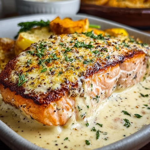 A baked salmon dish with a creamy sauce.