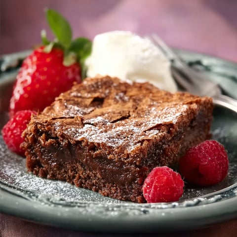 A slice of chocolate gooey butter cake with whipped cream on top.