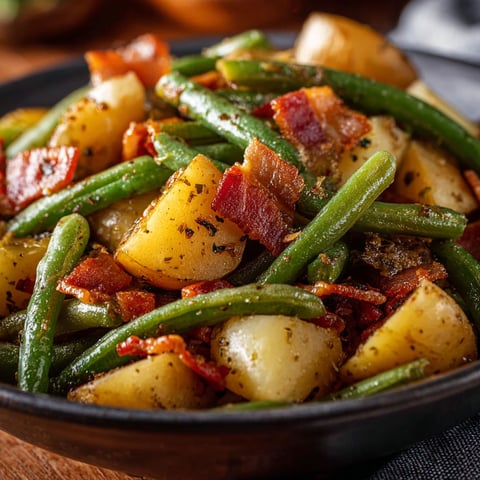 A plate of food with bacon and green beans.
