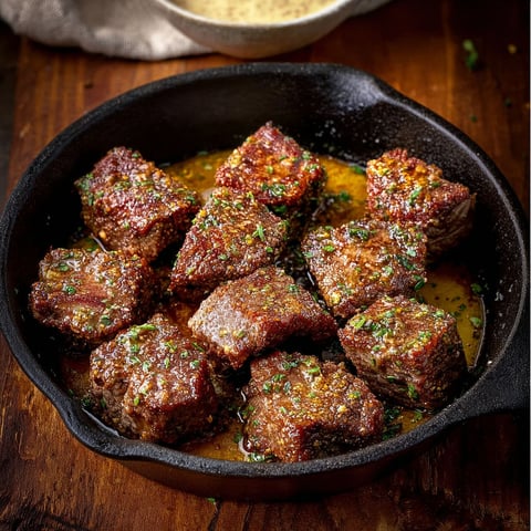 A pan of beef steak bites with a side of butter.