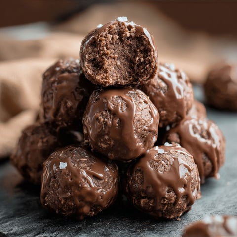 Chocolate covered balls on a table.