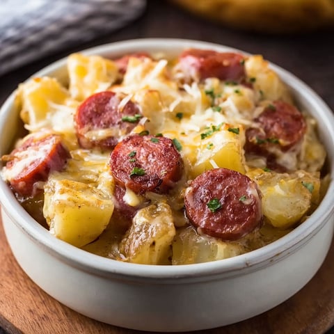 A bowl of potatoes and sausage.