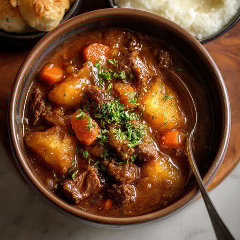A bowl of beef stew with carrots and parsley.