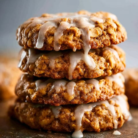 Three stacked pumpkin oatmeal cookies with white icing.