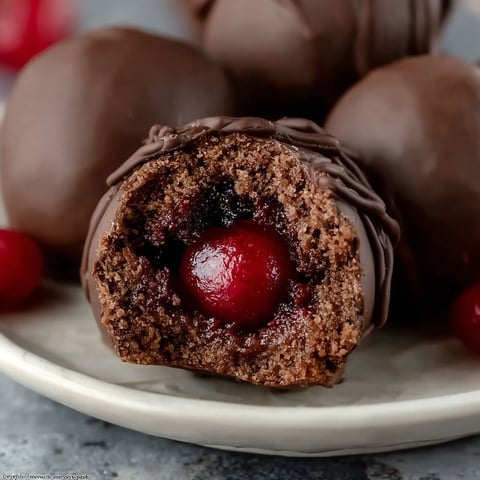 A plate of chocolate covered cherry brownie bombs.