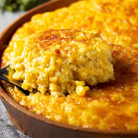 A close up of a corn casserole.