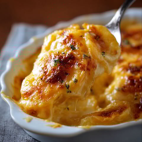 A white bowl filled with cheesy scalloped potatoes.
